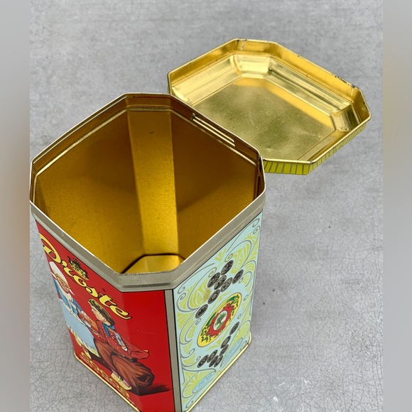 Vintage 10 oz DROSTE COCOA Hinge Lidded Tin Litho Illustrated Pantry Box - Picture 3 of 14